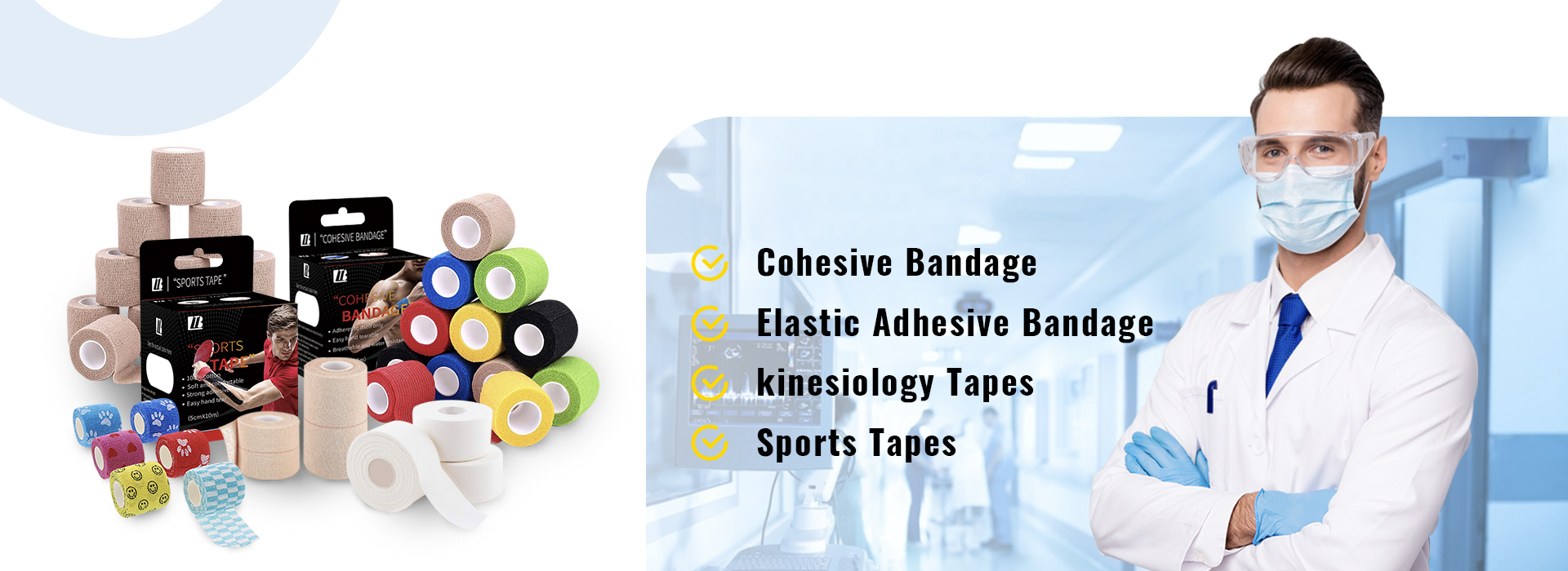 cohesive bandage, elastic adhesive bandage, sports tape, kinesiology tape
